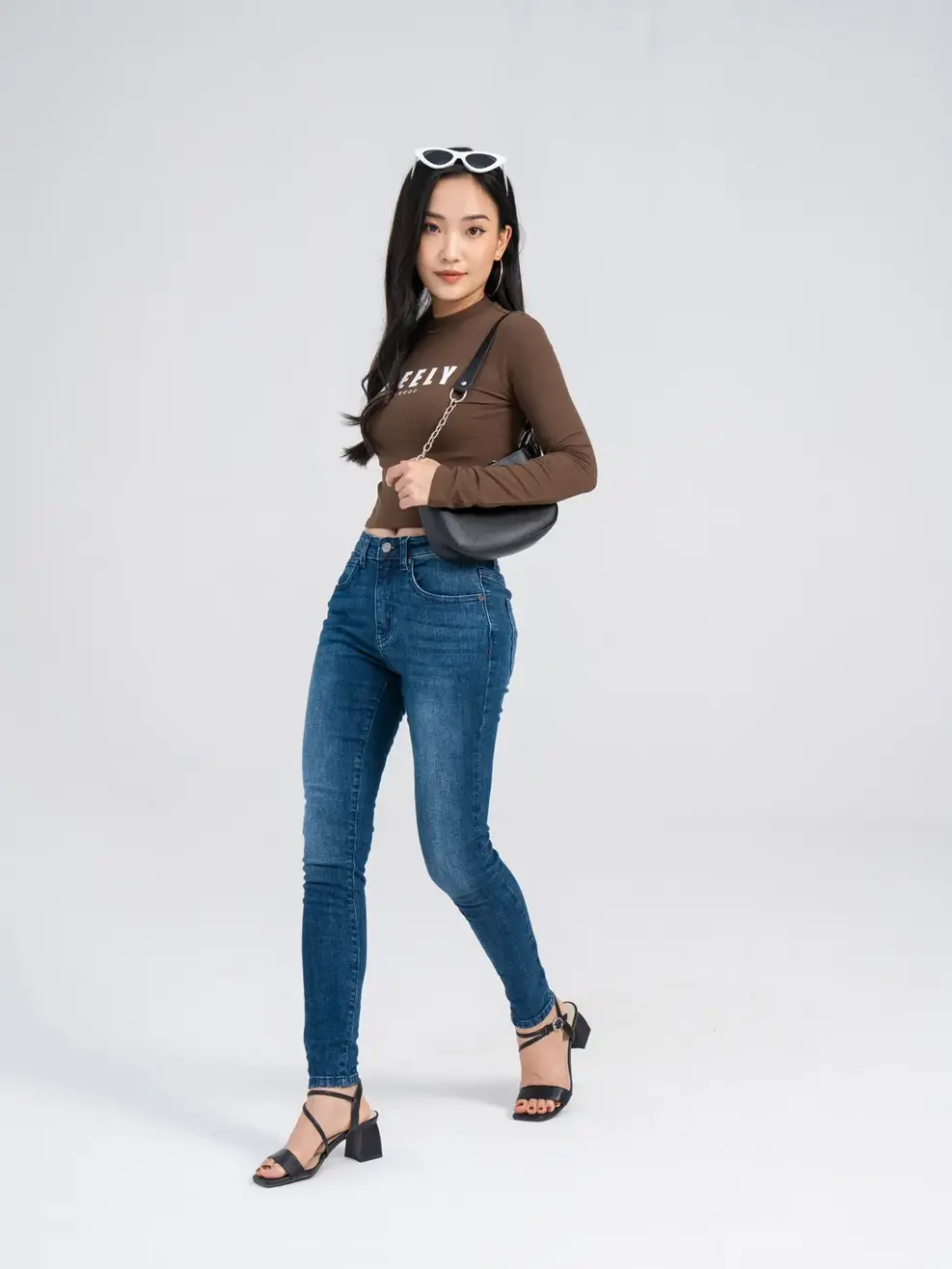Quần jeans nữ skinny túi đồng hồ chéo - Xanh đậm