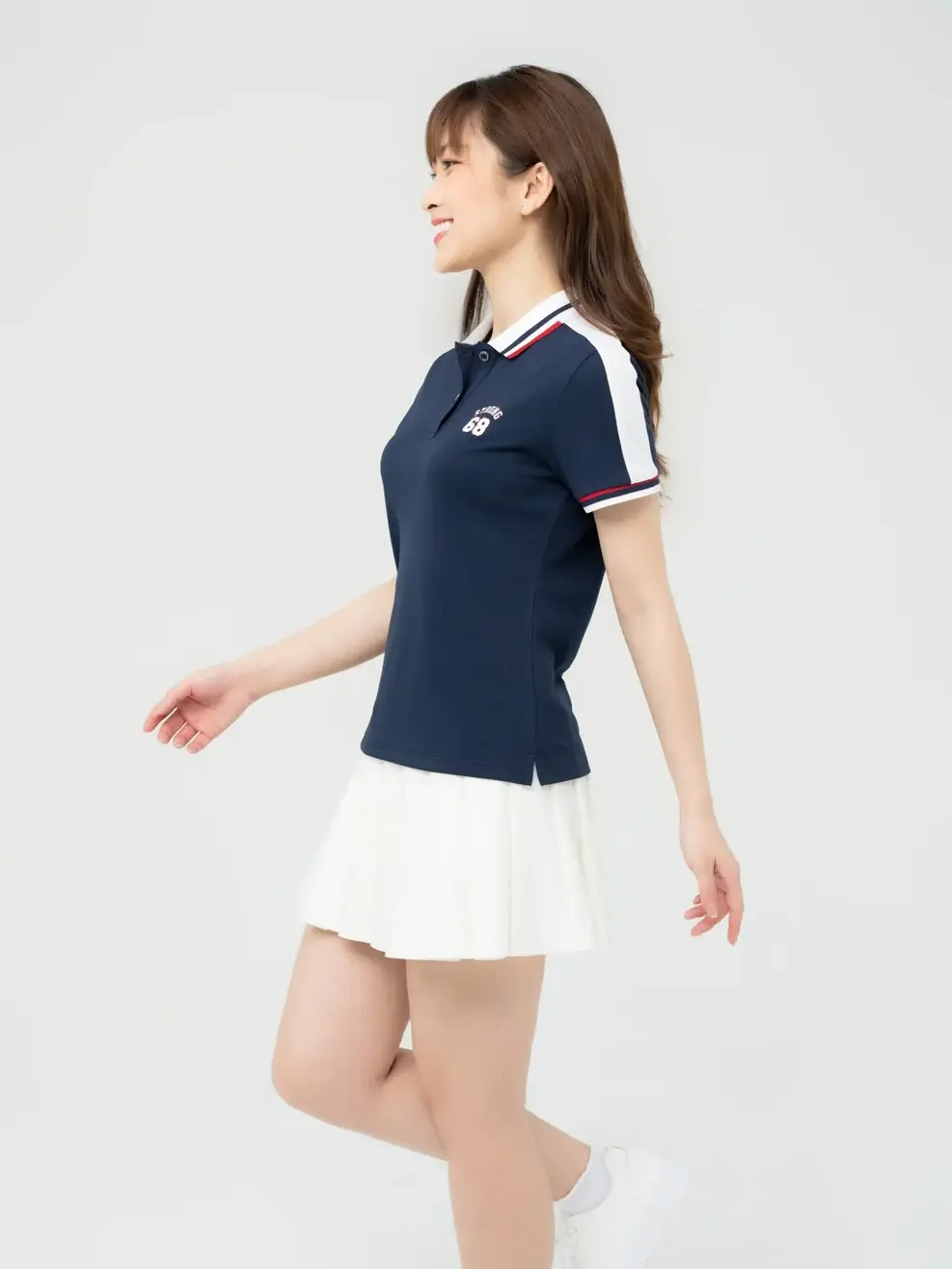 Polo Nữ Cafe Phối Tay - Navy phối Trắng - S