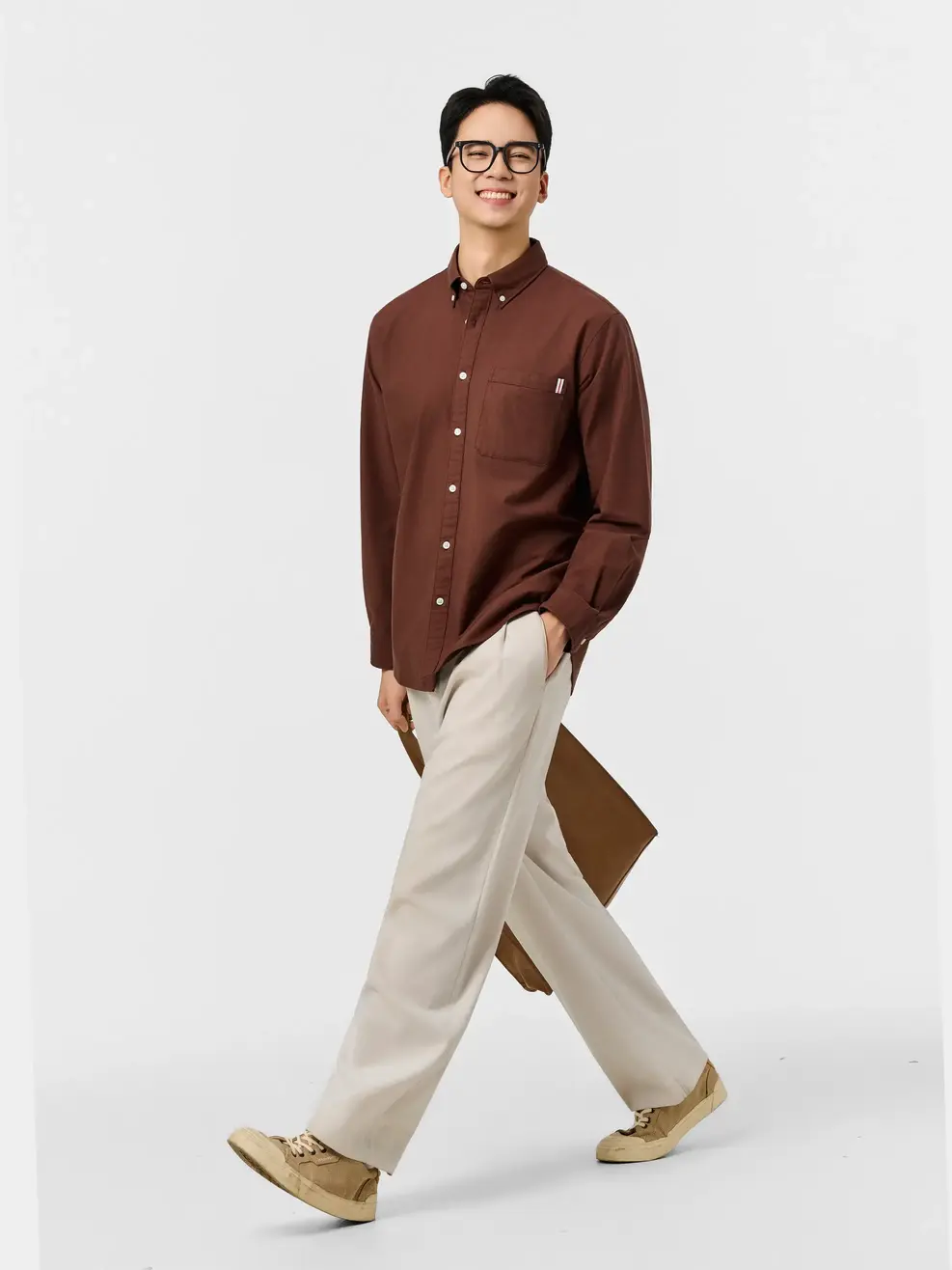 Áo Sơ-mi nam oxford dài tay phối túi - Màu nâu 002 - M
