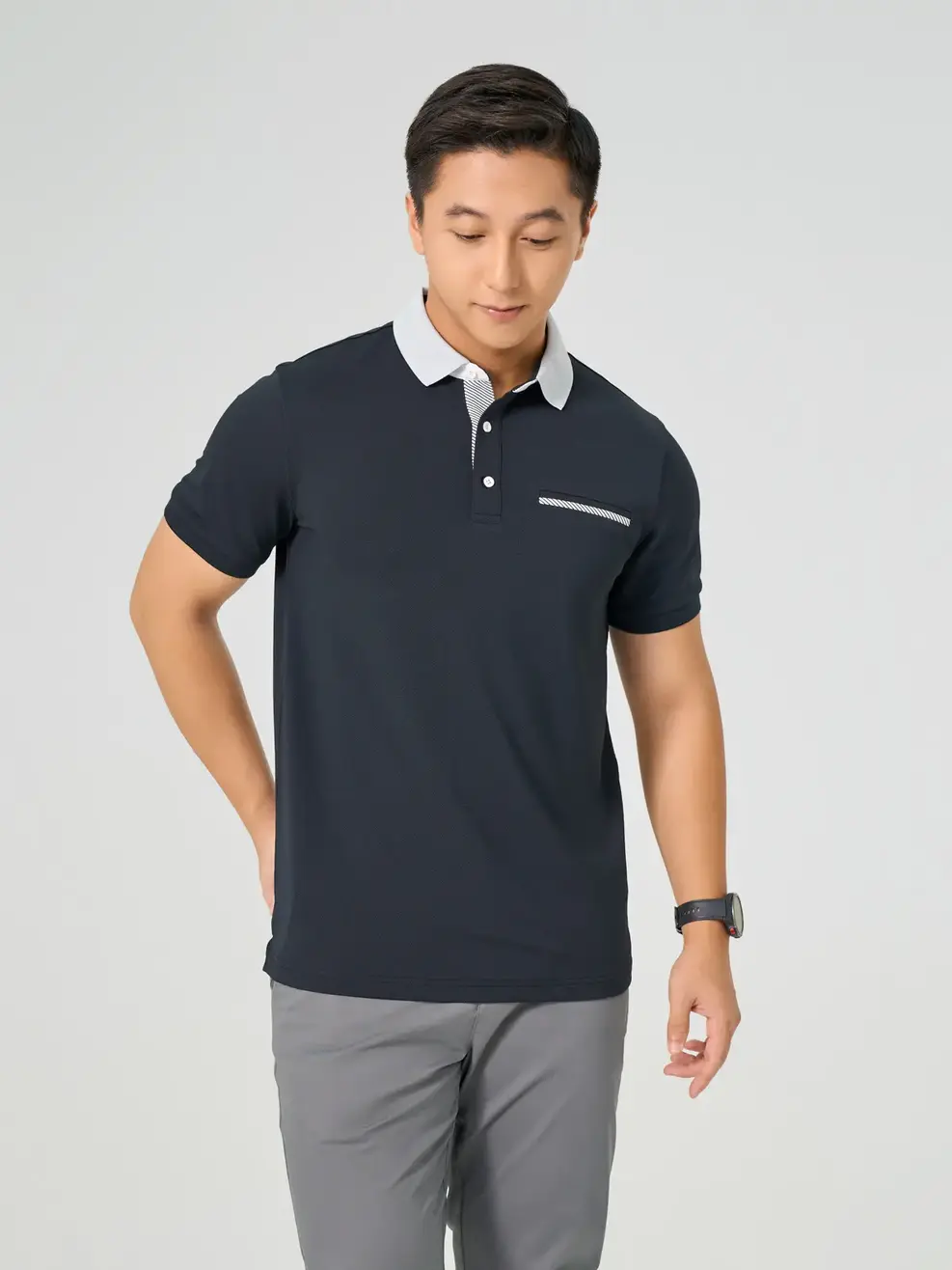 Áo Polo Nam Phối Kẻ Chéo - Đen - M