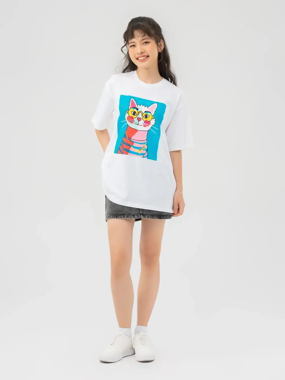 T-shirt Nữ In Cat Đeo Kinh Cotton Usa - Trắng 1 - F