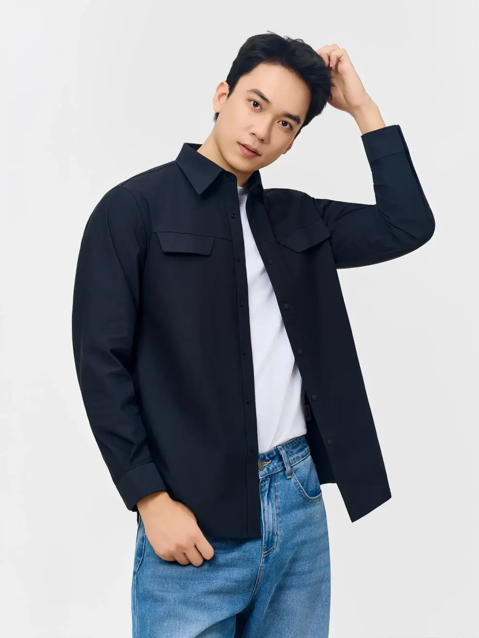 Áo Sơ-mi nam dài tay túi ngực kiểu - ĐEN 002 - M