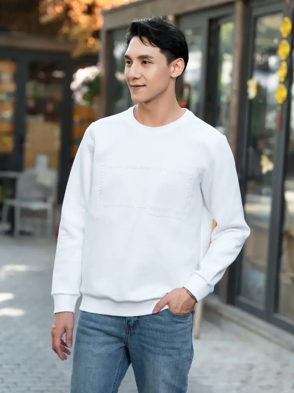 Áo thu đông nam, chất nỉ, ép chữ nổi - Trắng - M