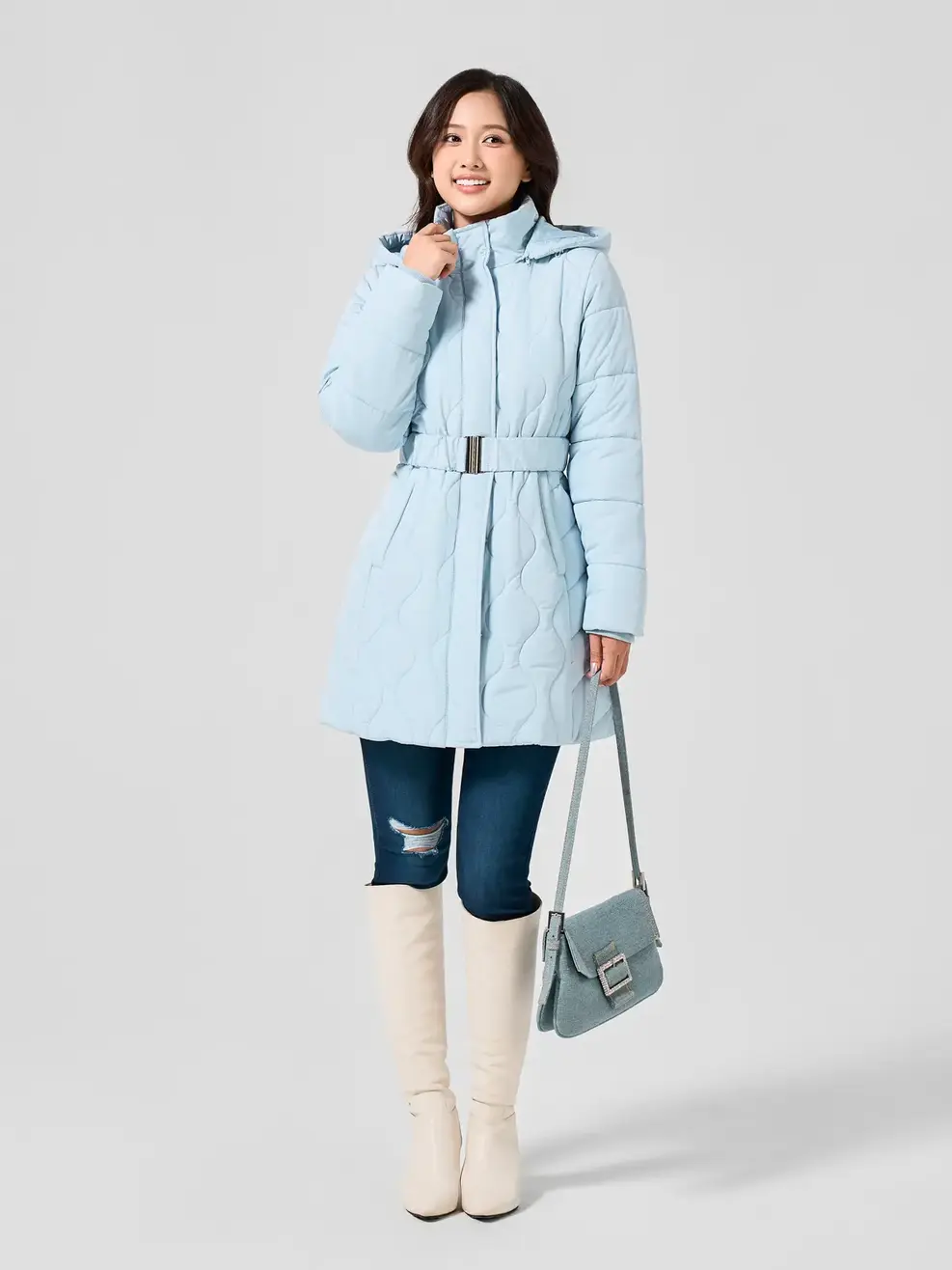 Áo Phao Nữ Dáng Dài Lỡ Trần Sóng Mũ Rời - Xanh lơ - M