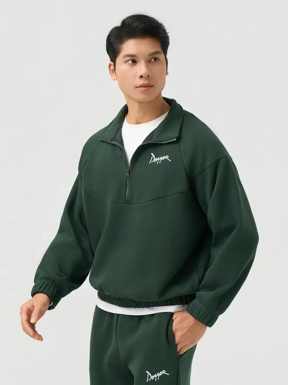 Bộ Đồ Nam Halfzip Thêu Chữ Nhỏ - Xanh Lá 127 - M