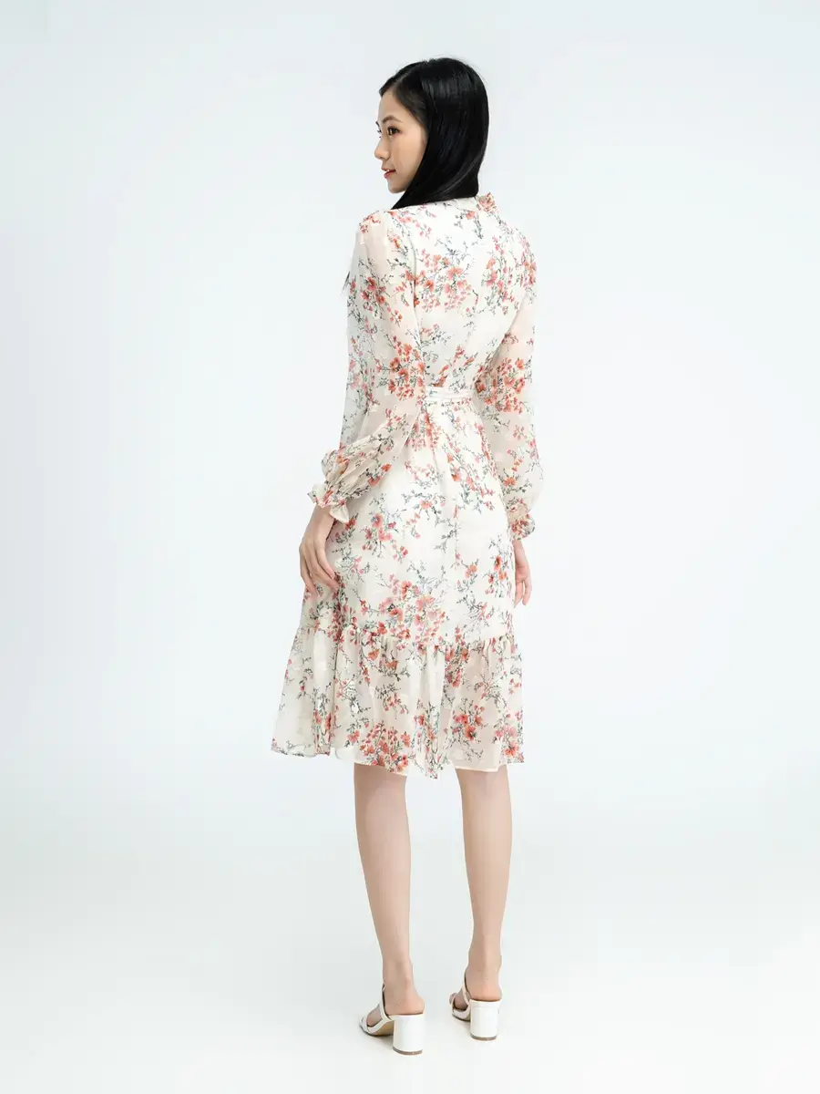 Đầm hoa nhí cổ buộc nơ - Hồng - M