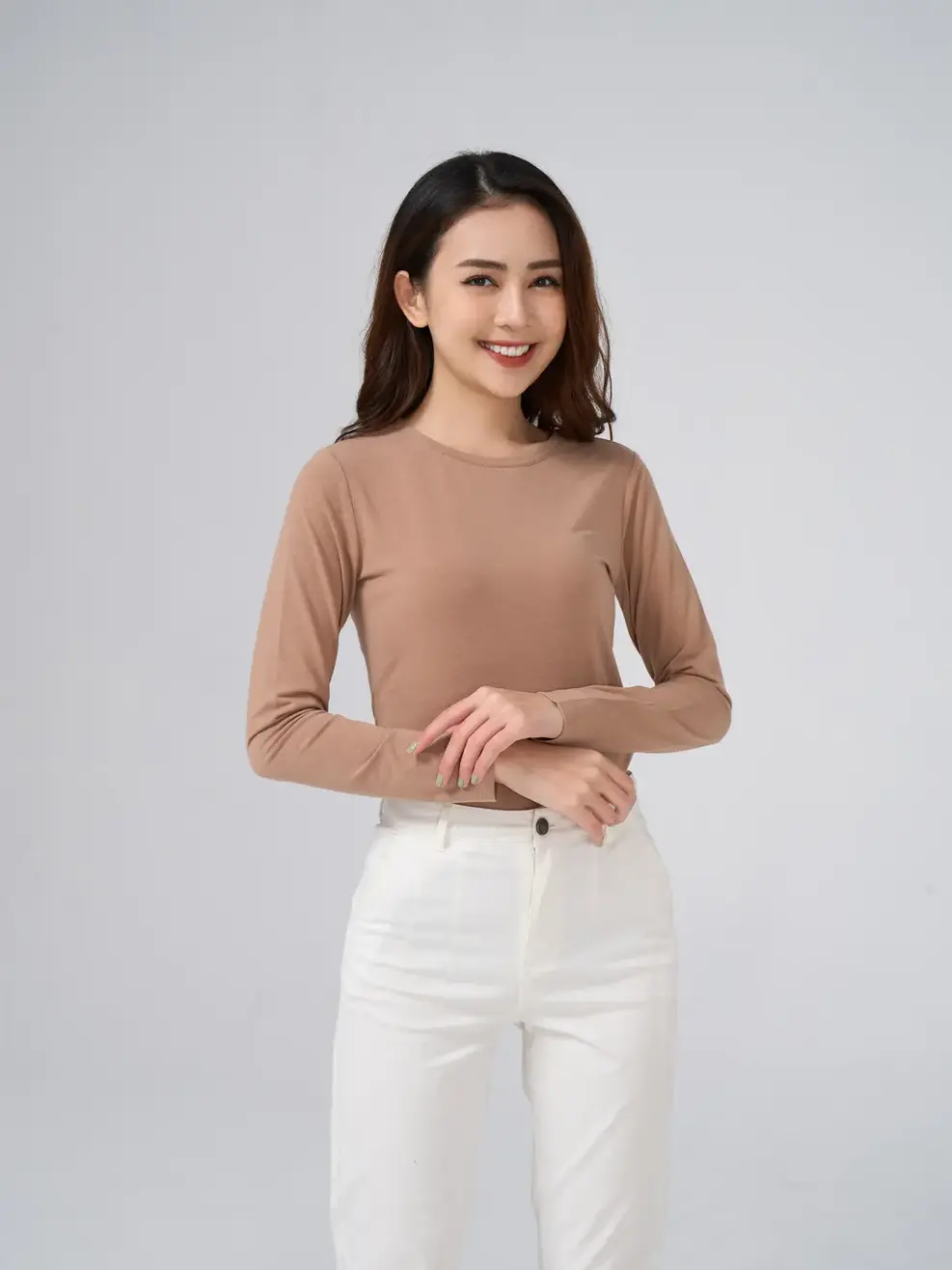 Áo giữ nhiệt nữ cổ tròn - Nâu - S