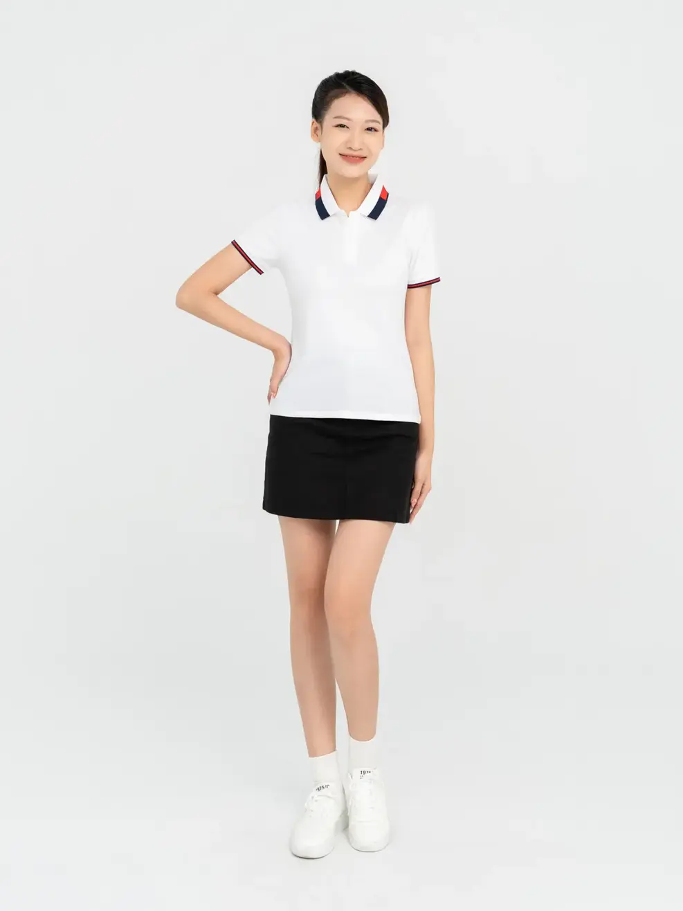 Polo Nữ Cafe Dệt Tổ Ong Phối Bo - Trắng - S