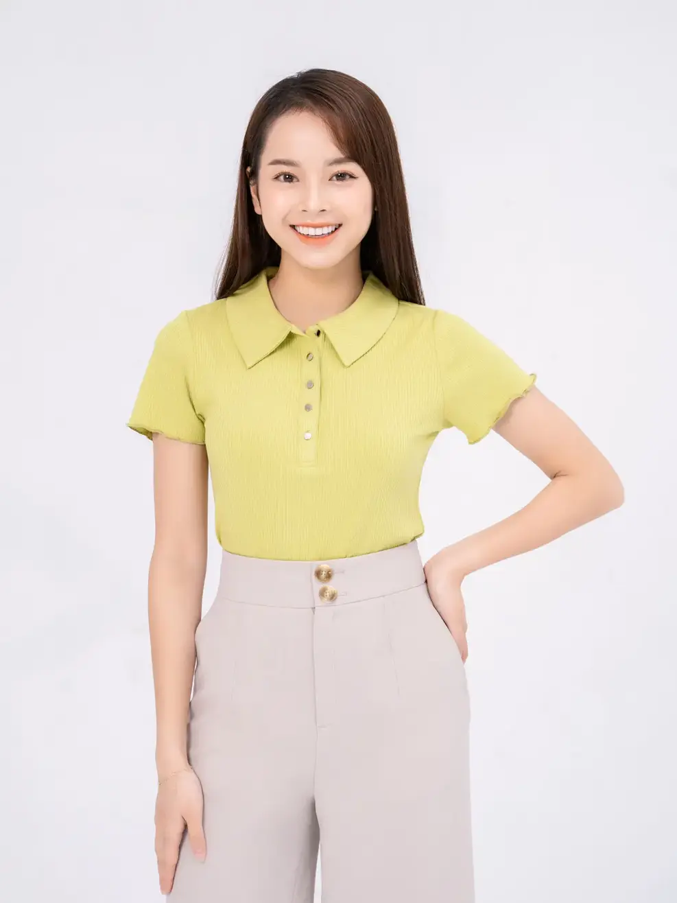 Áo polo nữ thun gân mở nẹp - Xanh - S