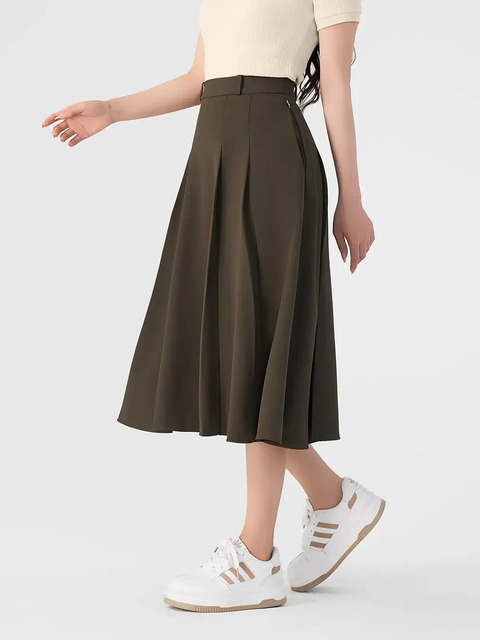 Chân Váy Nữ Xếp Ly Midi Dài - Nâu đậm - S