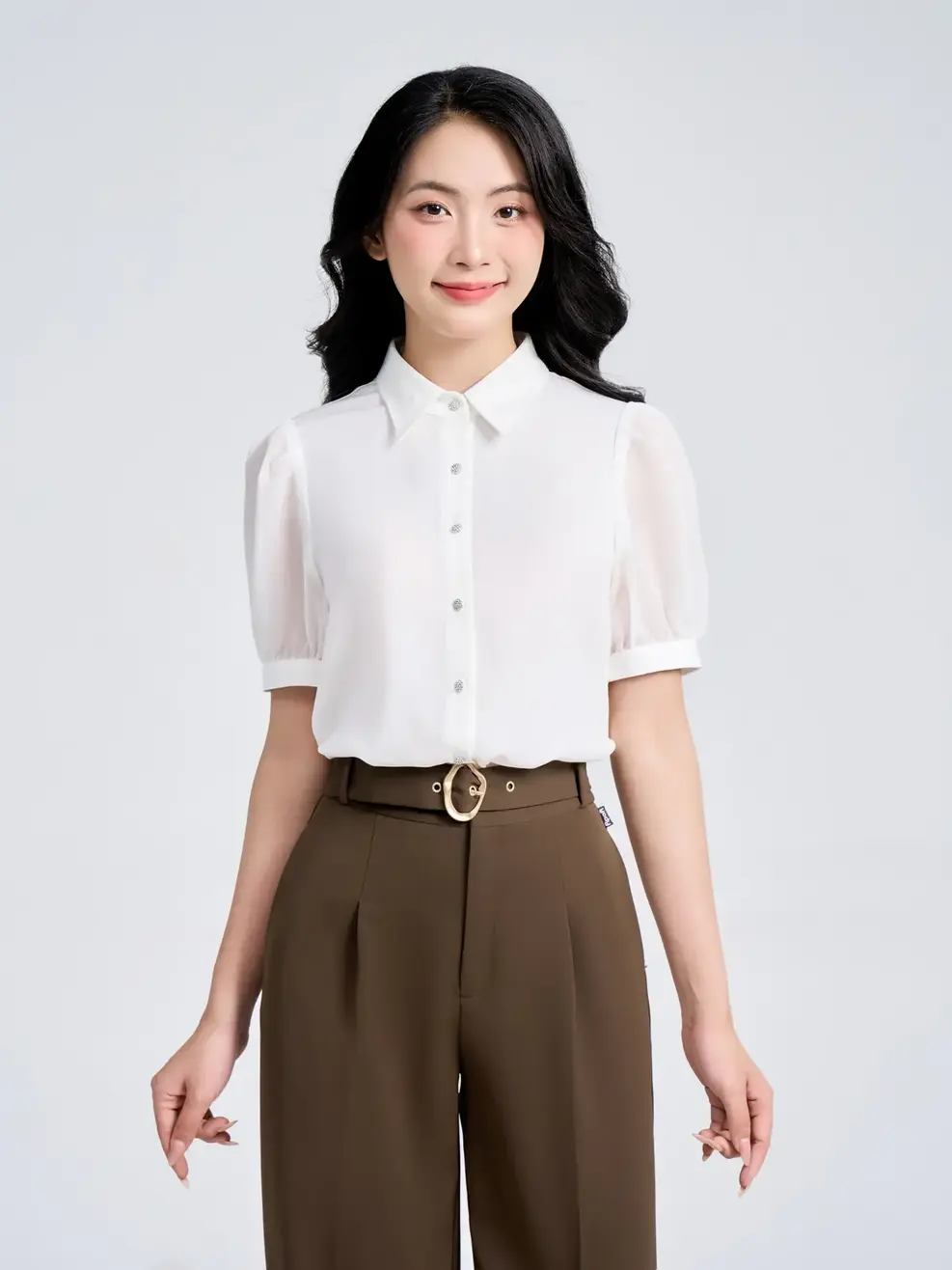 Áo Sơ Mi Tay Ngắn Nữ Tay Phối Tơ Bồng - Trắng - M