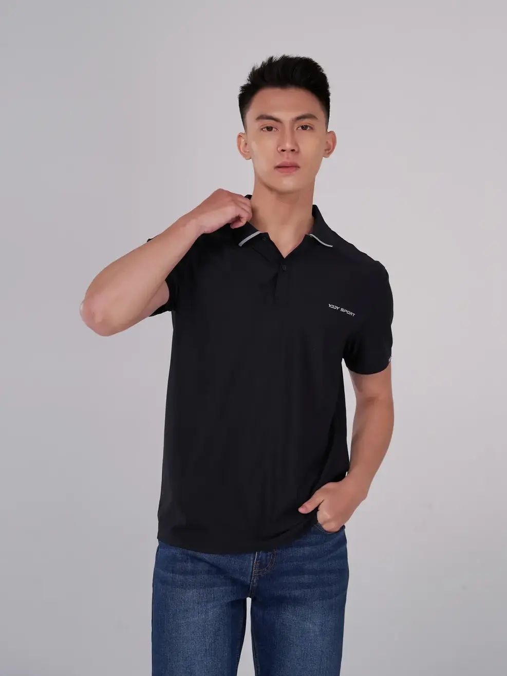 Polo thể thao nam logo ngực - Đen - 2XL