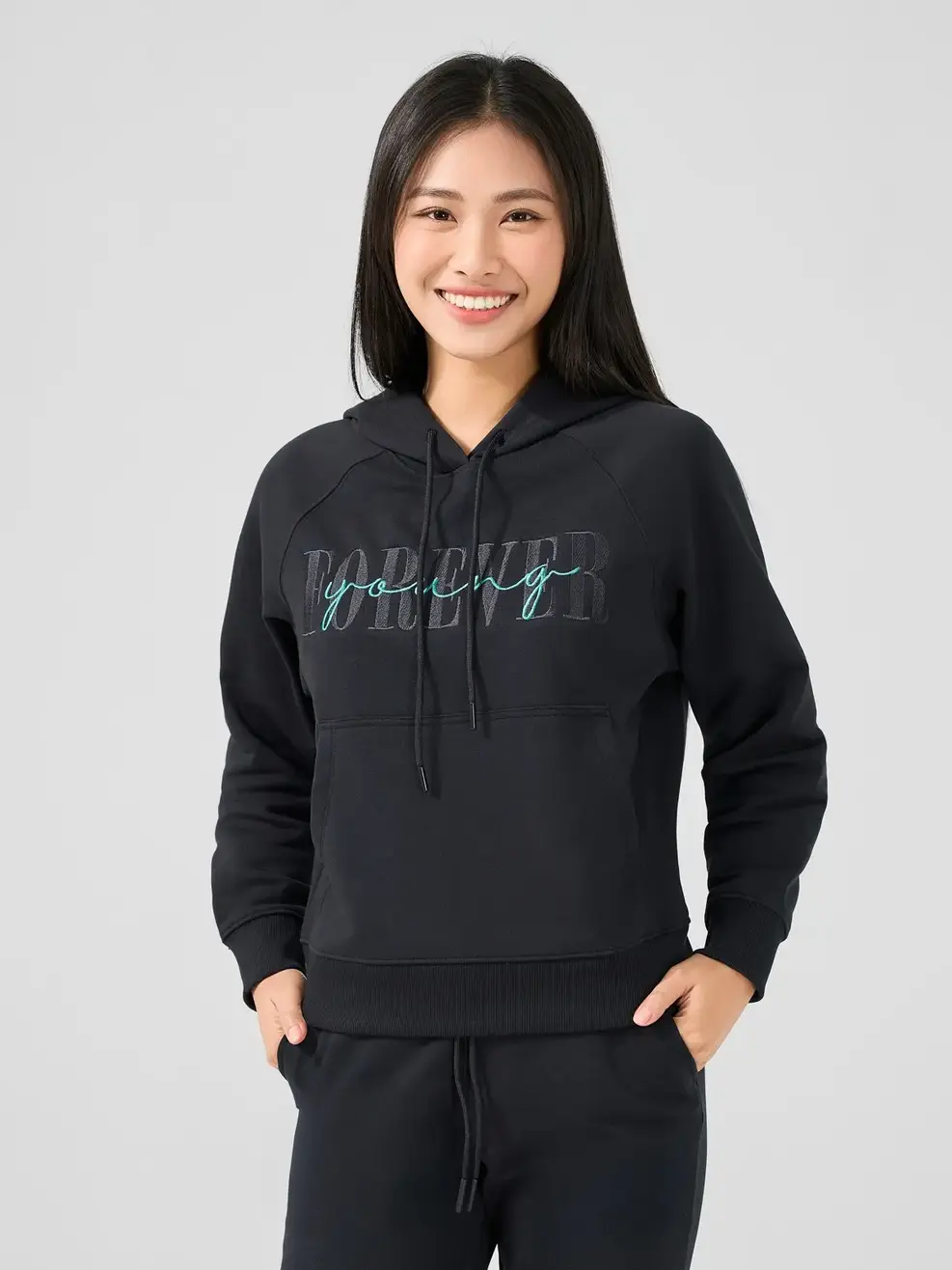 Bộ Đông Nữ Hoodie In Hình - Đen - S