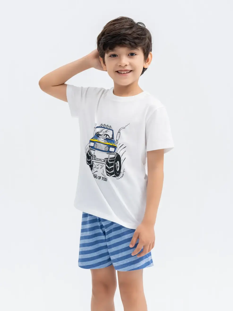 Đồ Bộ Kid Phối Kẻ In Xe - Trắng Xanh Dương - 2