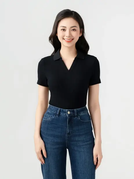 Áo Polo Nữ Thun Tăm Cổ V