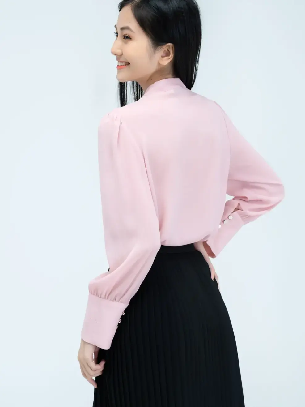 Sơ mi cổ nơ măng sec to bản - Hồng - S