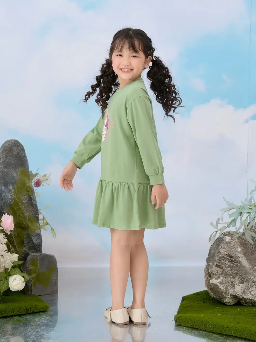 Đầm kid in thỏ - Xanh ngọc - 2