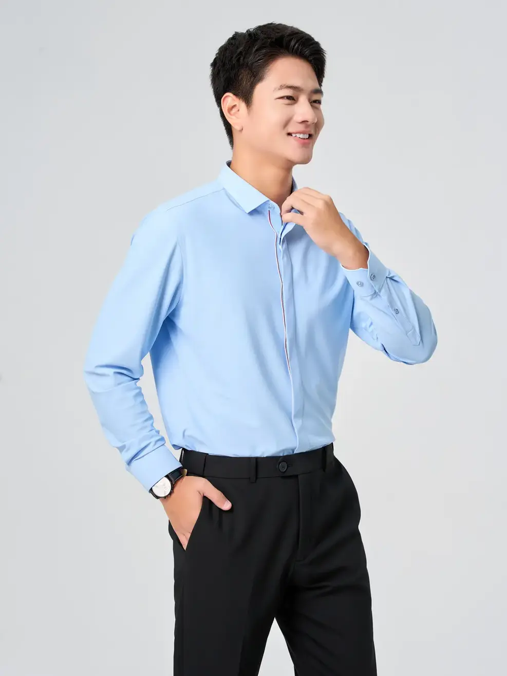 Áo Sơ Mi Nam Business Knit Phối Nép Giấu Cúc - Xanh da trời 117 - S
