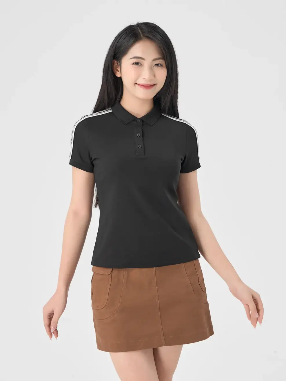 Polo Nữ Cafe Dệt Tổ Ong Phối Dây Dệt - Đen - S