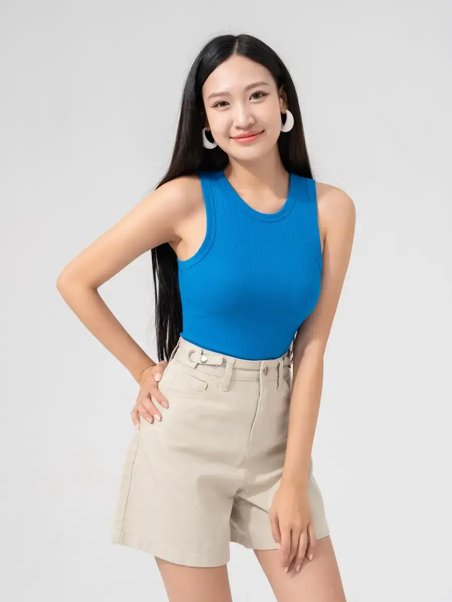 Áo 3 Lỗ Nữ Thun Rib Tăm Nhỏ Dáng Ngắn - Xanh dương - S