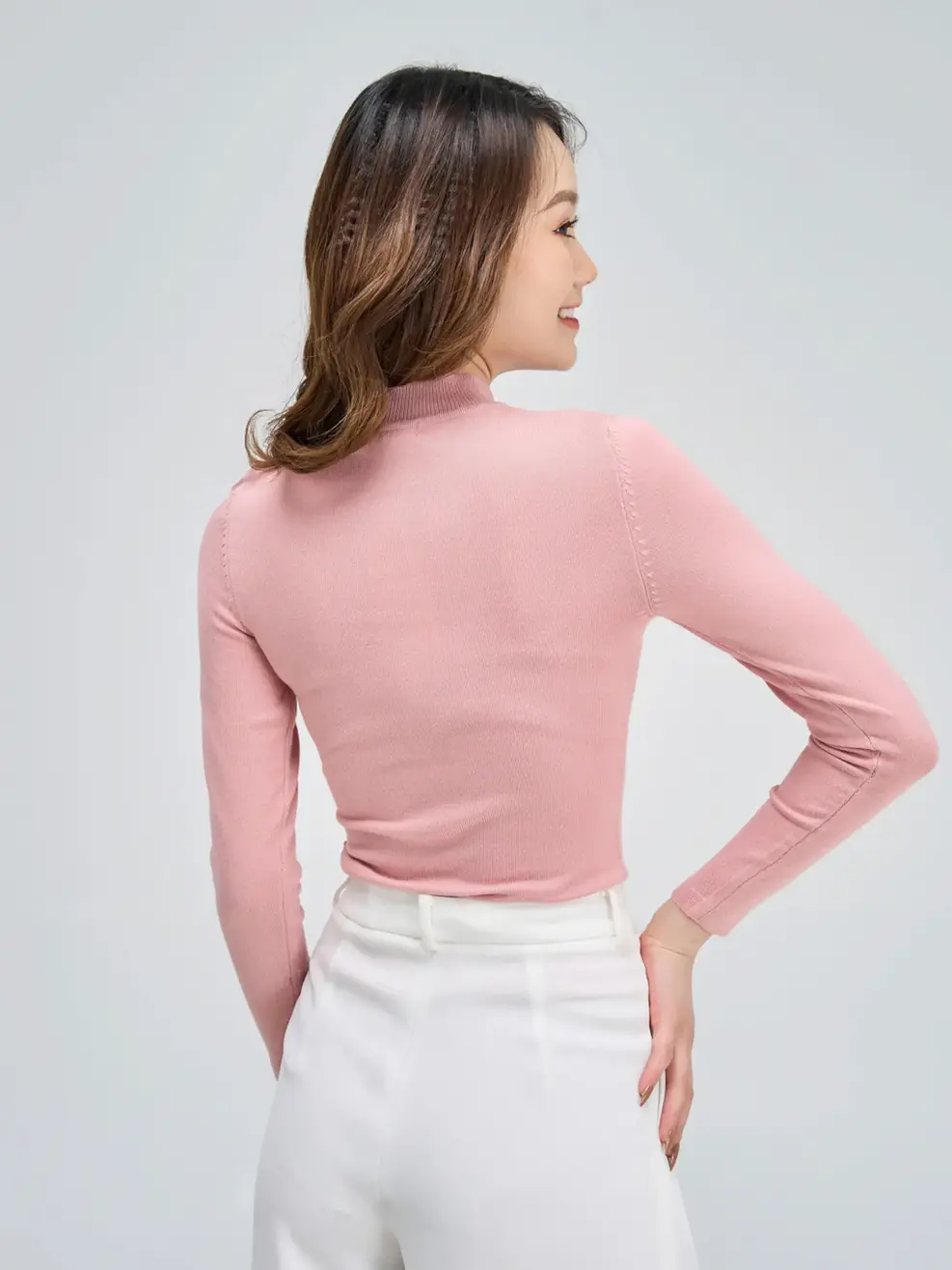 Áo len nữ cổ 3 cm cơ bản mỏng - Hồng - M