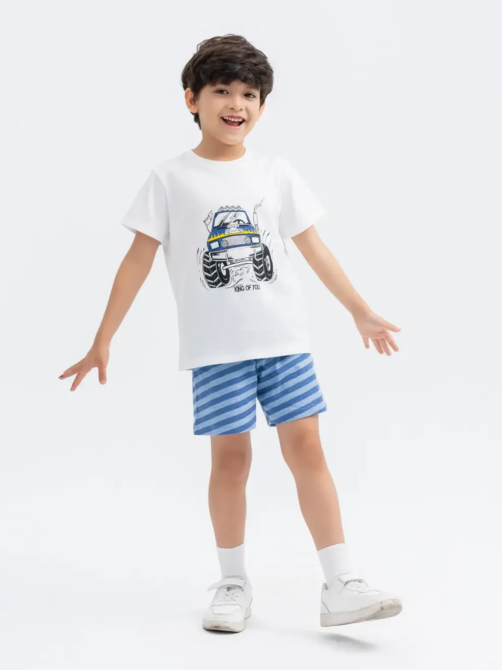 Đồ Bộ Kid Phối Kẻ In Xe - Trắng Xanh Dương - 2
