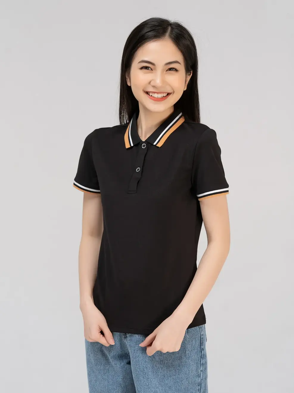 Polo nữ mắt chim phối bo 02 - Đen - L
