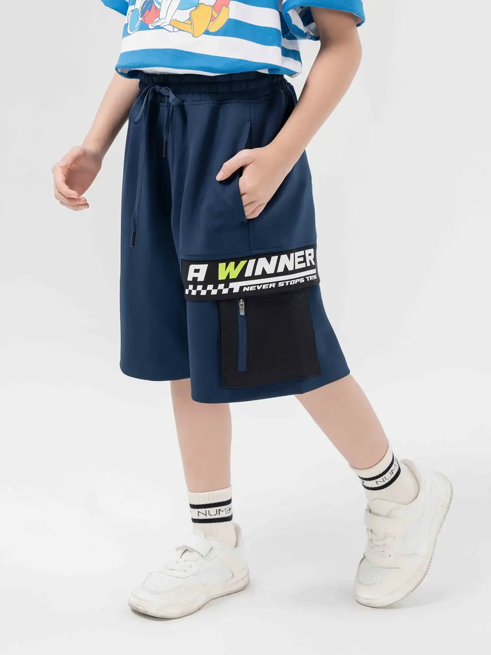Quần Sooc Bé Trai Khoá Ngang Gối - Navy - 10-11