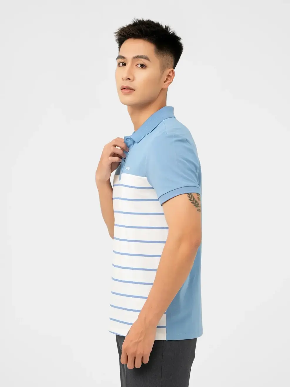 Áo Polo Nam Mắt Chim Phối Màu In Kẻ - Xanh - M