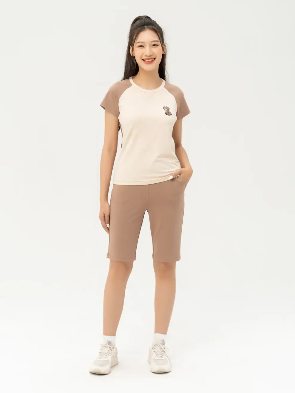 Đồ Bộ Nữ Phối Tay Thêu Gấu - Nâu be - S