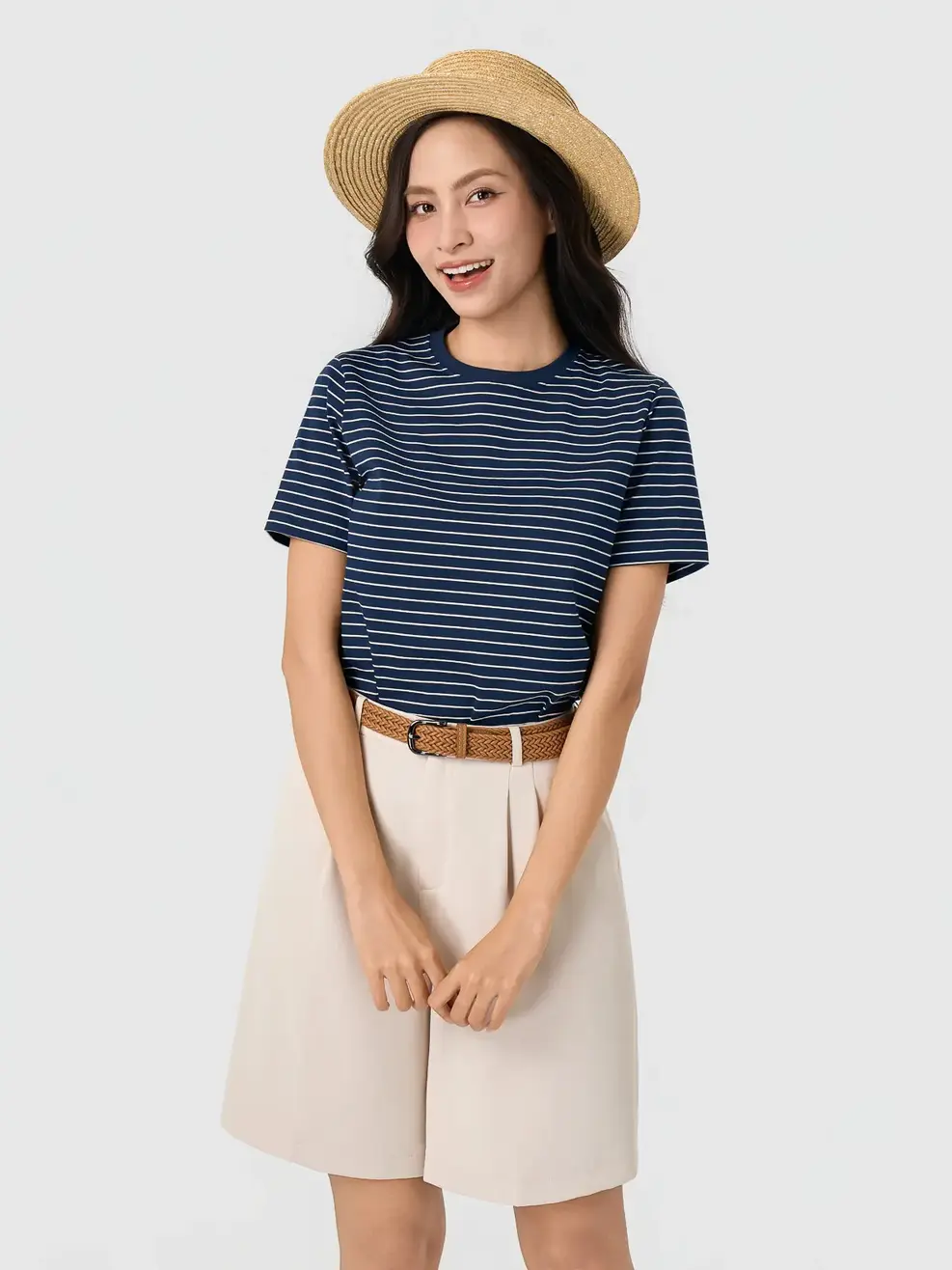 Áo Phông Nữ Regular Kẻ Ngang - Kẻ Tím Than 139 - S