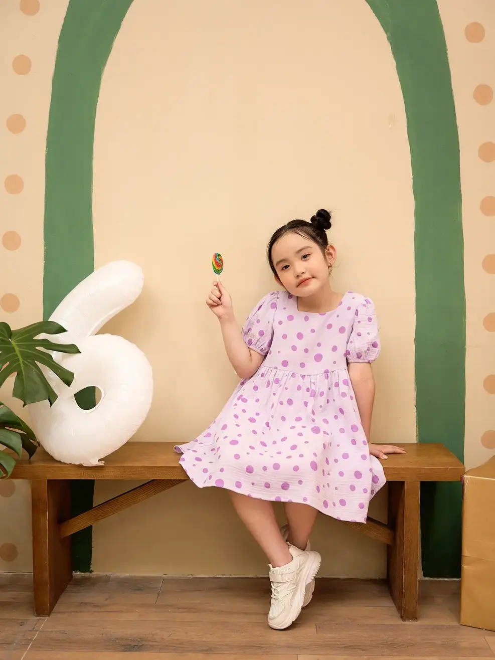 Váy kid nữ chấm bi - Tím - 5