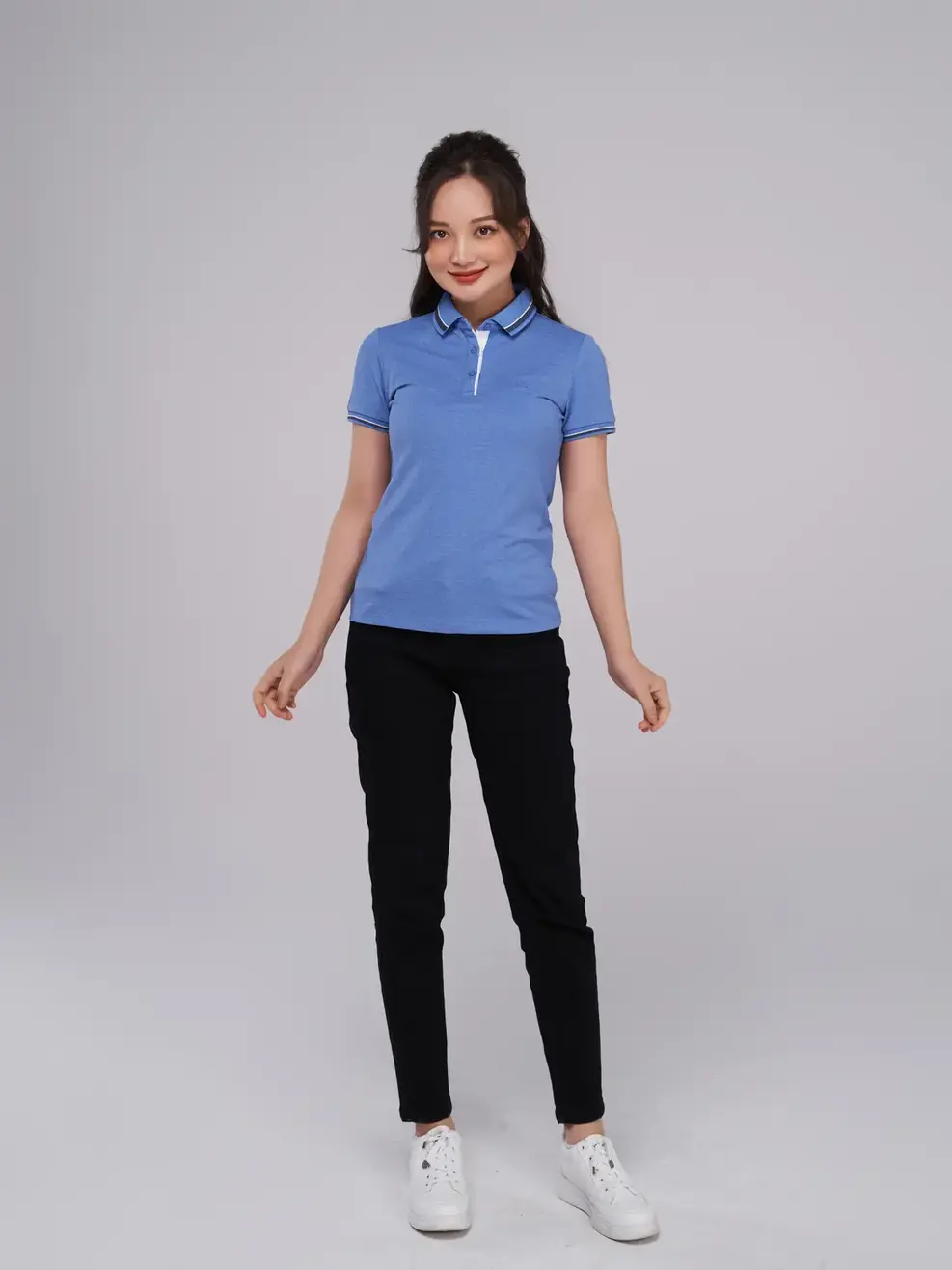 Polo nữ sợi xe phối nẹp - Xanh dương - XL