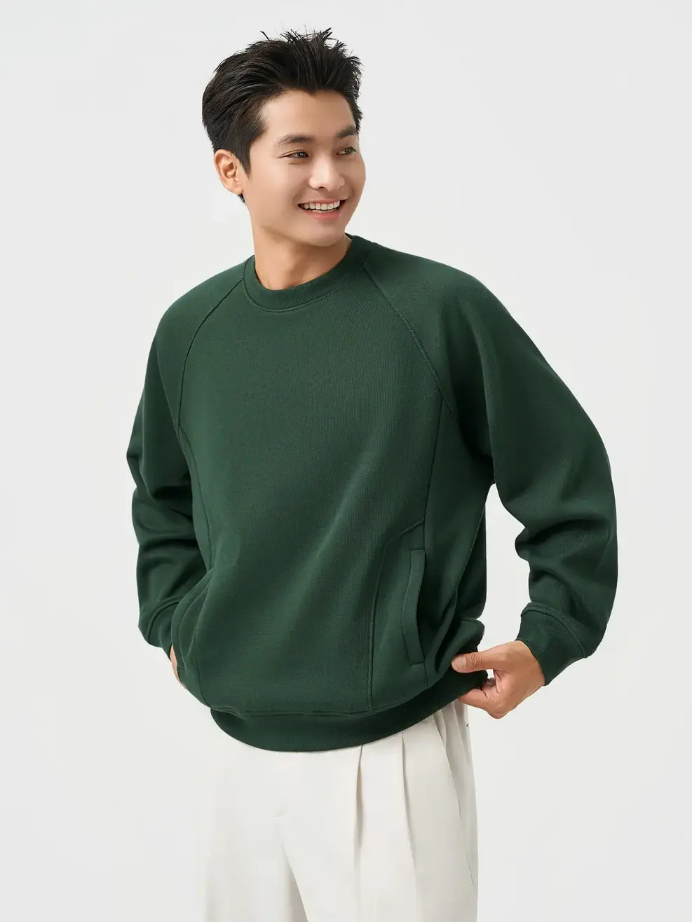 Áo Nỉ Nam Tay Raglan Bo Gấu Túi Khoá - Xanh Lá 127 - M