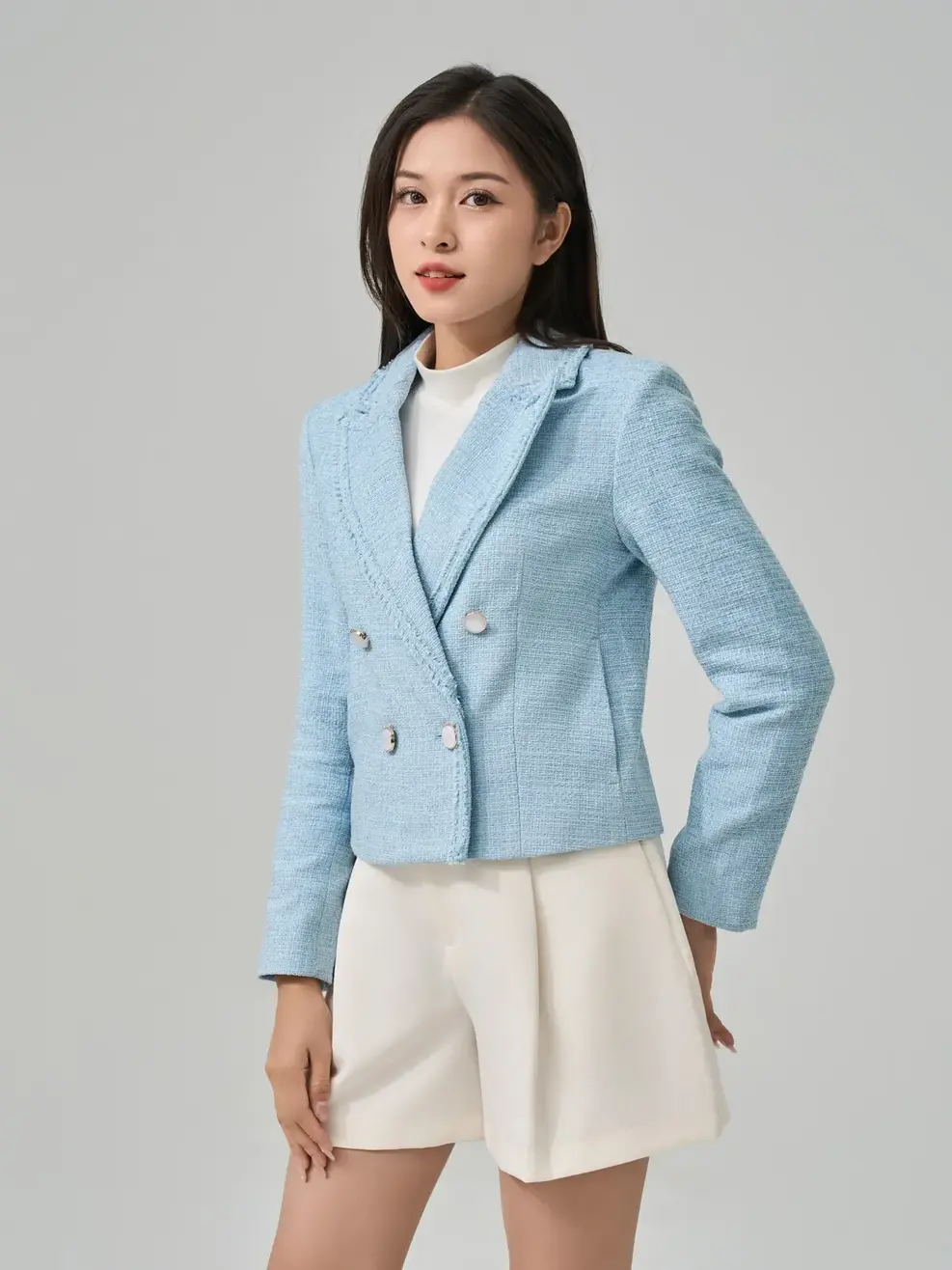 Áo Khoác Nữ Dạ Tweed Cổ Vest  - Xanh lơ - S