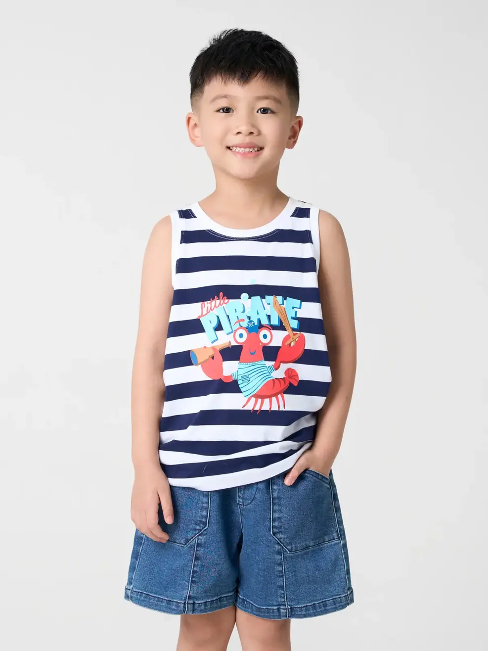T-shirt Kid Ba Lỗ Dệt Kẻ - Kẻ navy - 2-3