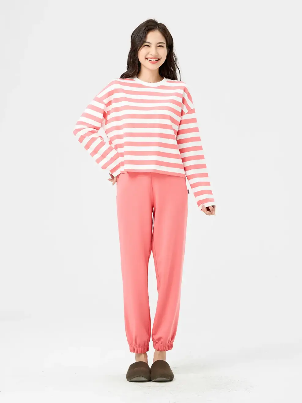 Bộ Đông Nữ Phối Áo Kẻ - Hồng - S