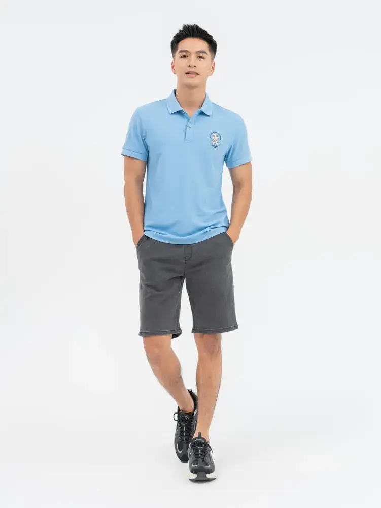 Polo Nam Cafe Dệt Tổ Ong Mickey In Ngực - Xanh lơ - M