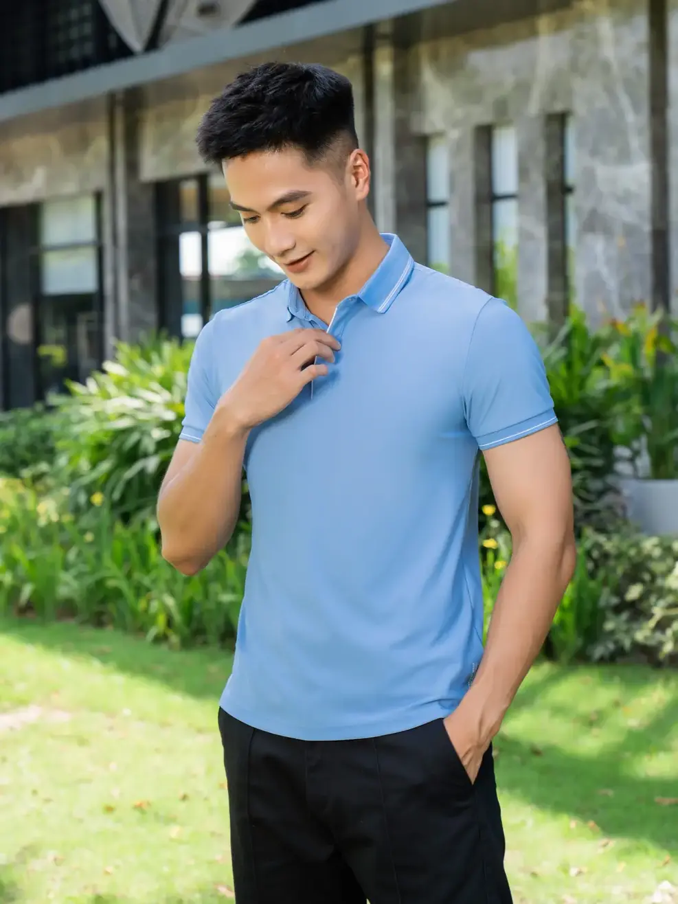 Áo polo nam airycool phối nẹp - Xanh lơ - L