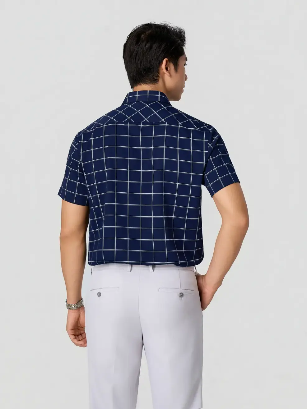 Áo Sơ-mi Ngắn Tay kẻ caro vạt ngang Regular - Kẻ Tím Than 126 - M