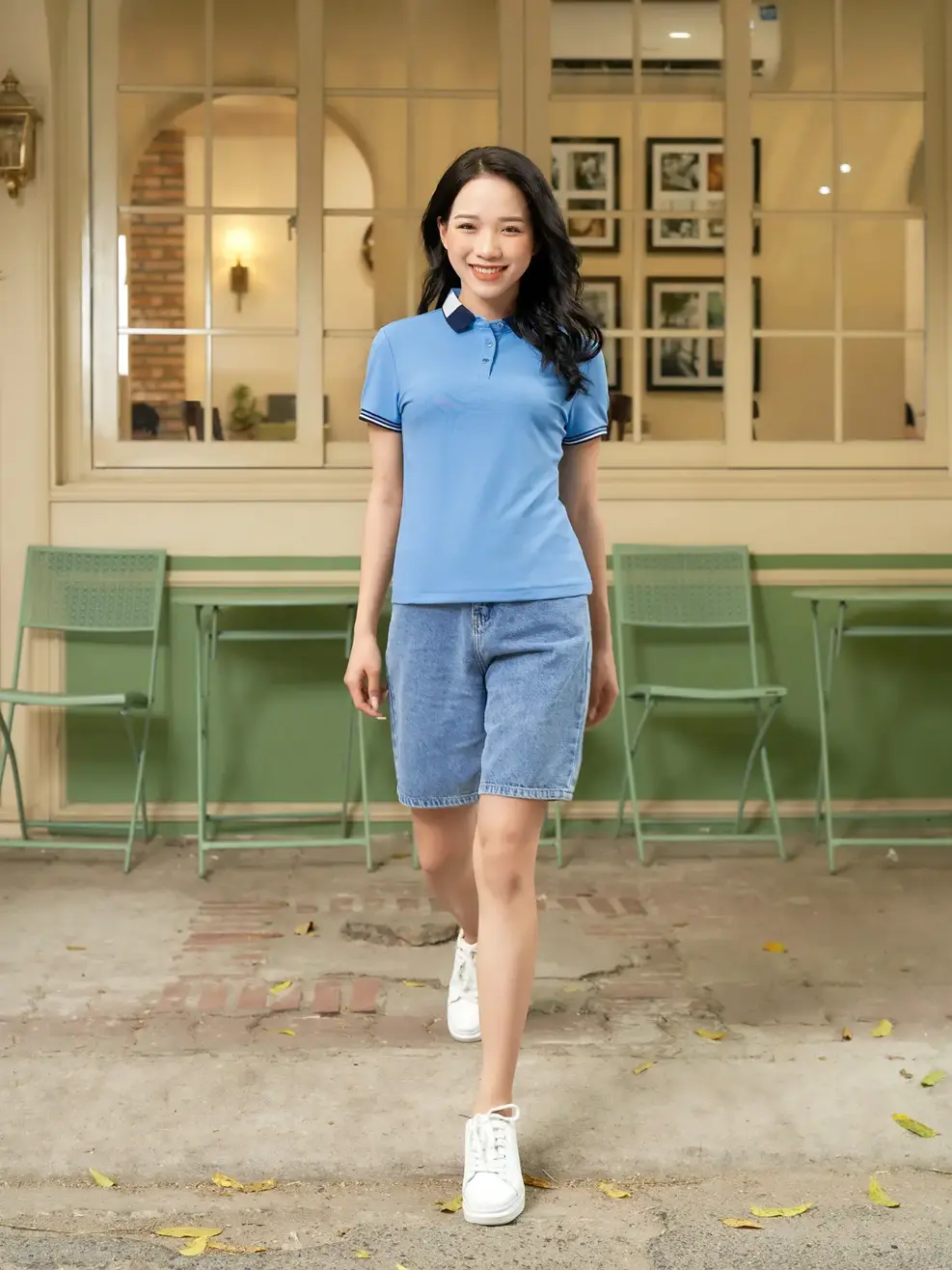 Áo Polo Nữ Airy Cafe bo 3 màu - Xanh Biển - S