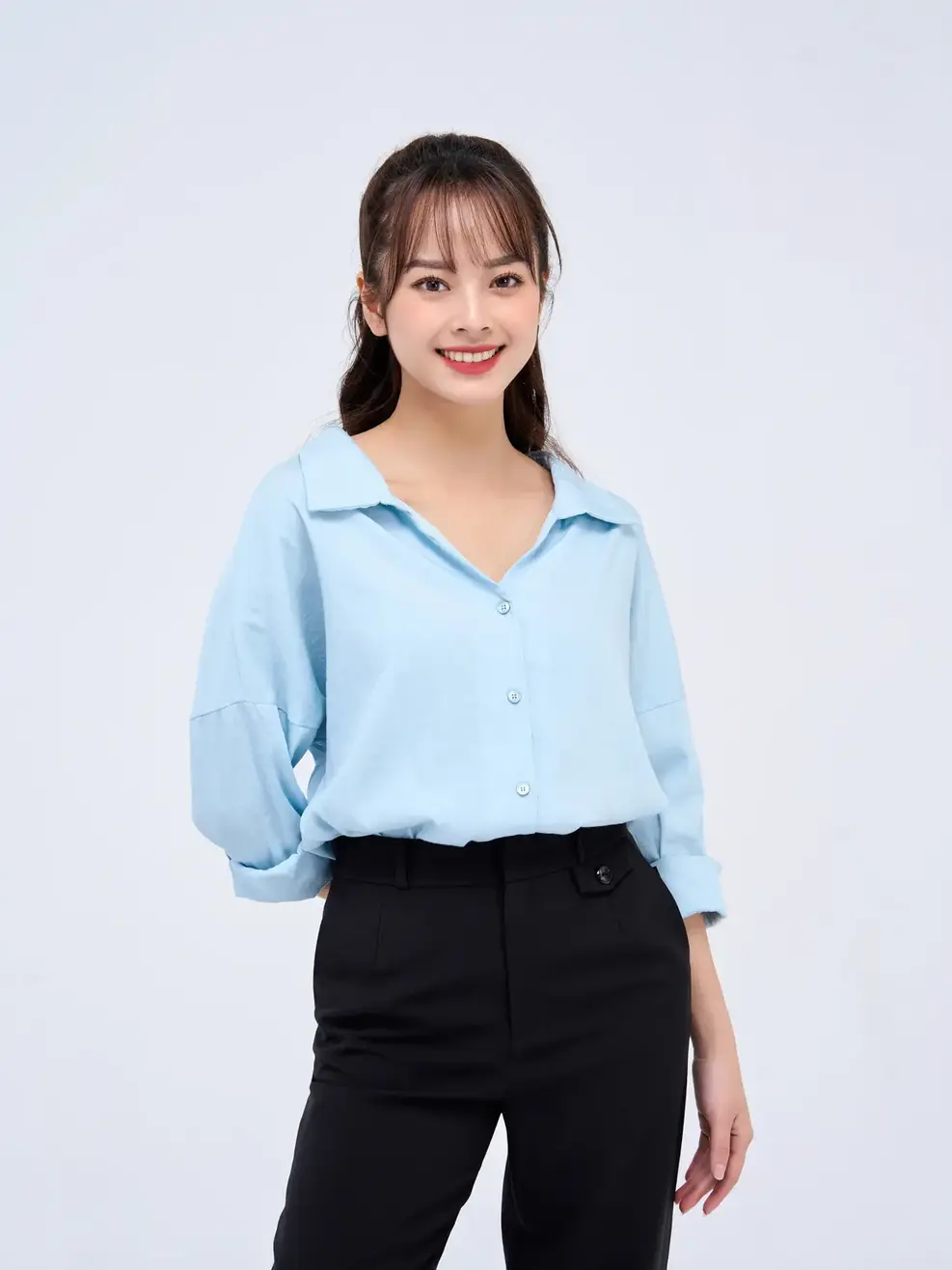 Sơ mi dài tay nữ suông cổ trễ - Xanh - L