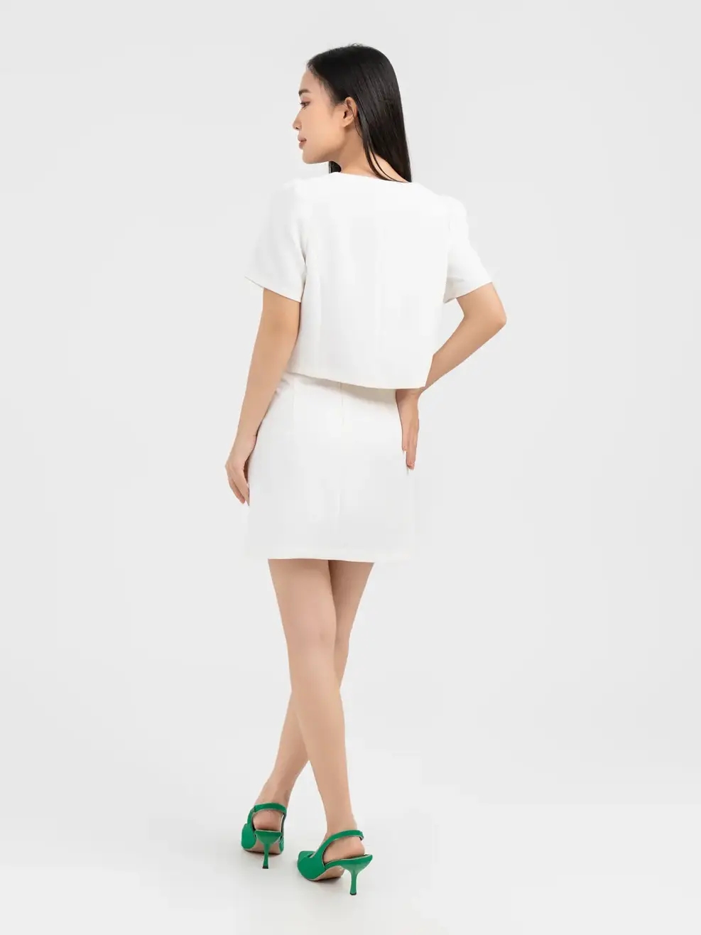 Set Nữ Áo Cổ Vuông, Chân Váy Chữ A - Trắng - S