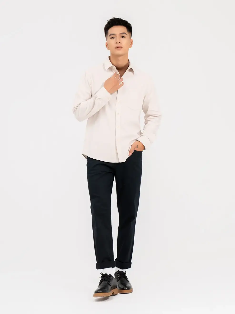 Sơ Mi Dài Tay Nam Nhung Cúc Nổi - Be sáng - M