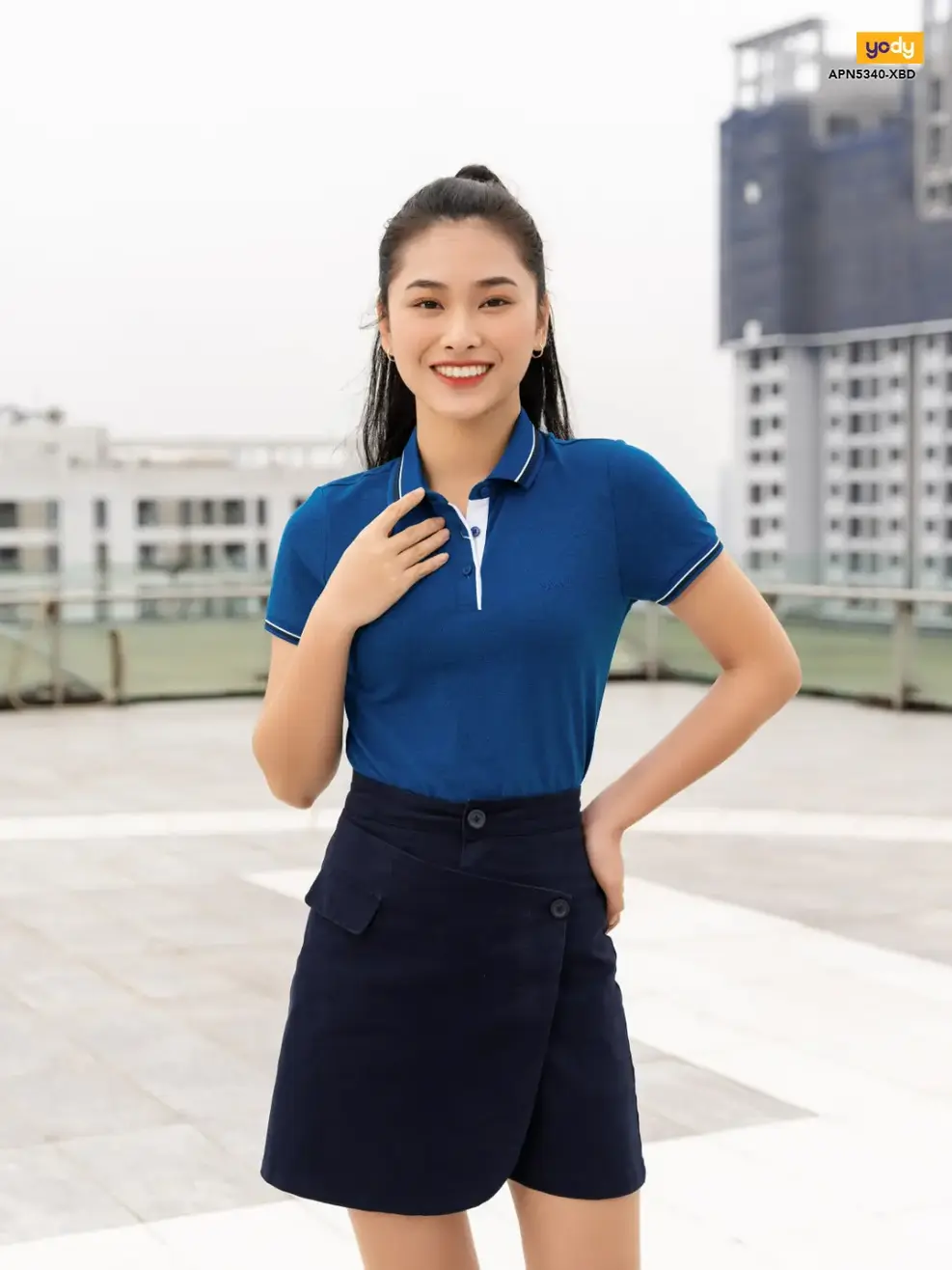 Polo nữ sợi xe phối nẹp - Xanh biển đậm - M