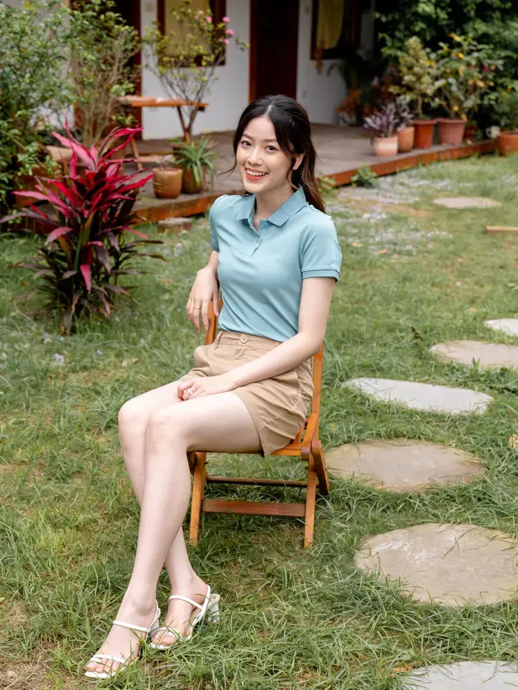 Áo polo nữ mắt chim in logo - Xanh ngọc - S