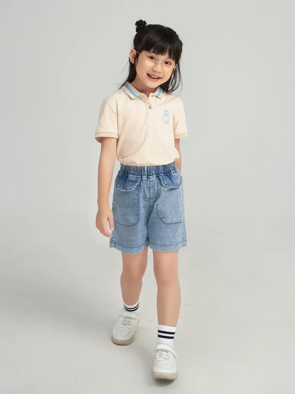 Sooc jeans kid nữ regular cạp chun - Xanh - 4-5