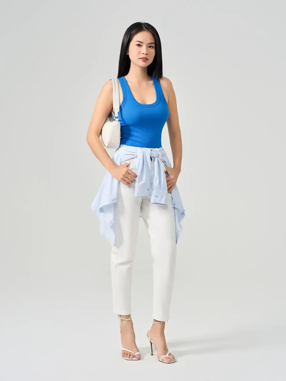 Áo 3 Lỗ Nữ Thun Rib Tăm Nhỏ Cơ Bản Cổ Rộng - Xanh dương - S