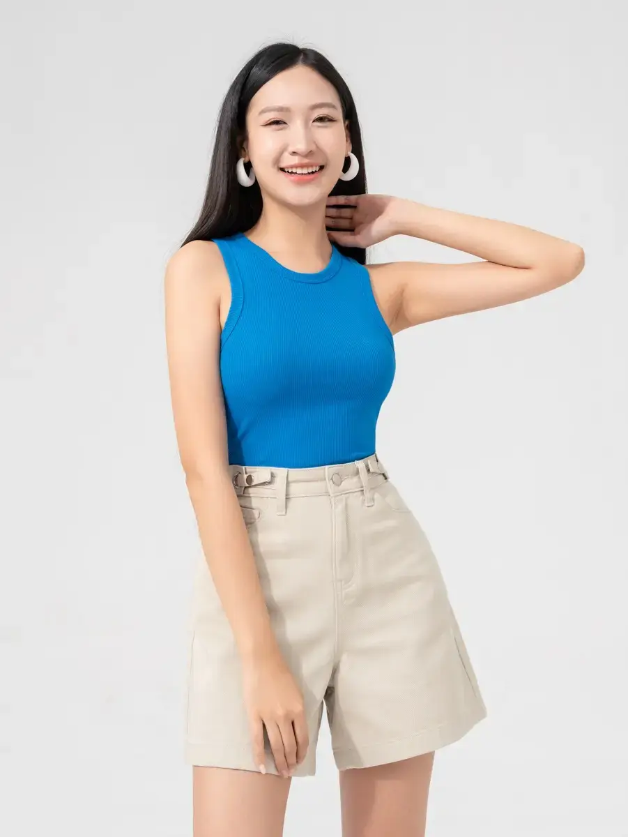 Áo 3 Lỗ Nữ Thun Rib Tăm Nhỏ Dáng Ngắn - Xanh dương - S