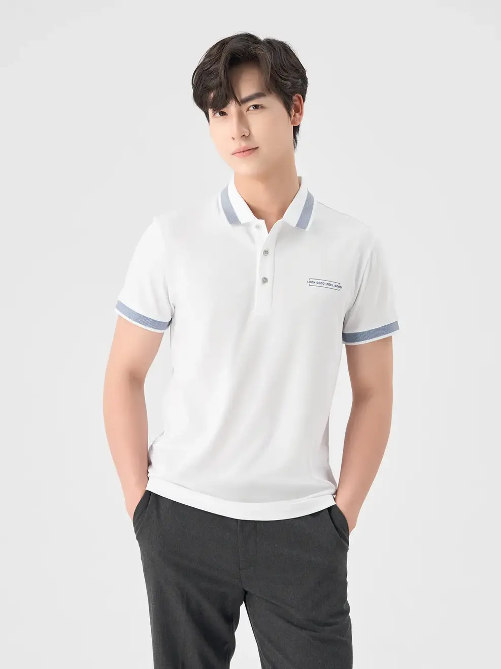 Polo Nam Cafe Dệt Tổ Ong In Ngực - Trắng - 4XL